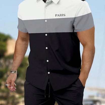 Men'S Letter Color Block Short Sleeve Shirt Shorts Casual Suit 2pcs Set