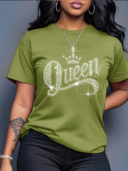 Sparkling Rhinestone Queen Crown Graphic Casual T-Shirt - Vibrant Orange Short Sleeve Round Neck Top with Medium Stretch, Machine Washable for Casual Attire & Parties, Cute T Shirts, Allseason Apparel, Party Wear, Mediumstret