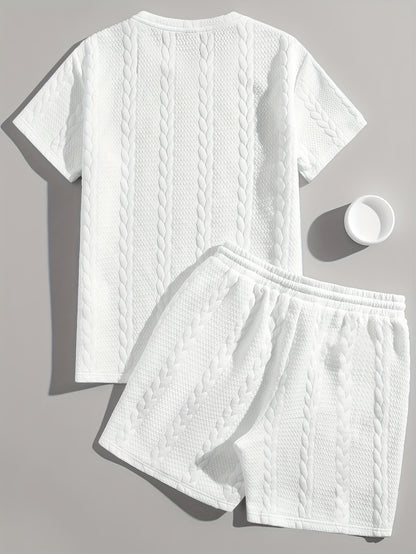 Men'S Casual Short Sleeve T-Shirt and Shorts Set - Knit, Light Gray, Two-Piece, All-Season Comfort, Drawstring Waist, Casual Style, Allseason Comfortwear | Casual Style Set | Knit Texture, Thick