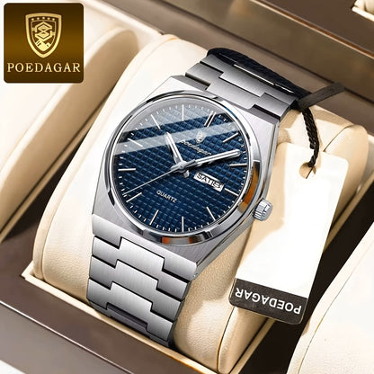 POEDAGAR Elegant Women'S Quartz Watch, Luminous Calendar, Stainless Steel Band, Round Alloy Case, Fashionable Night-Glowing Dial with Blue & Orange Accents