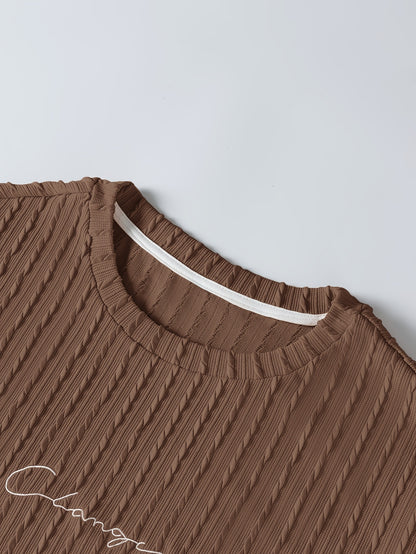 Men'S Casual Polyester Crew Neck Embroidered Alphabet Pattern Slight Stretch Knit Fabric Regular Fit Lash Sets for Spring