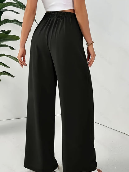 Women'S Stylish Gray Wide Leg Pants with Elastic Waistband and Double Pockets - Perfect for Office, Commuting, or Casual Wear