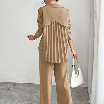 Women's Solid Color Pleated Long Sleeve Shirt + Pants Set for Spring and Autumn