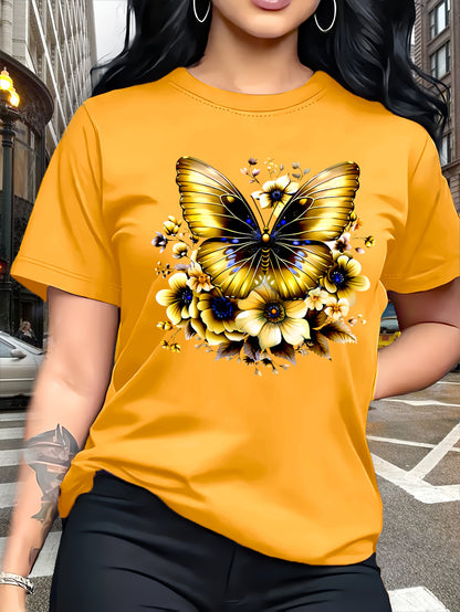 Circle Chic Butterfly Print T-Shirt - Exquisite Design, Casual Round Neck Top - Breathable and Lightweight, Perfect for Spring/Summer Wardrobe