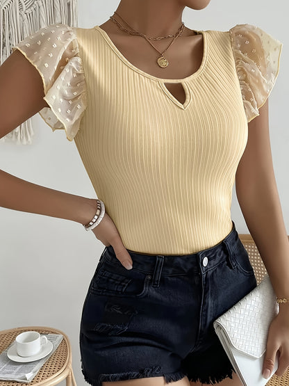 Women's V-Neck Lace Sleeve Top - Middle Eastern-Inspired Breathable Stretchy T-Shirt, Solid Blue Machine Washable Spring/Summer Casual & Formal Wear, Summer Outfit, Feminine Style, Comfortable Fit, Stylish Blouse, Summer Ward