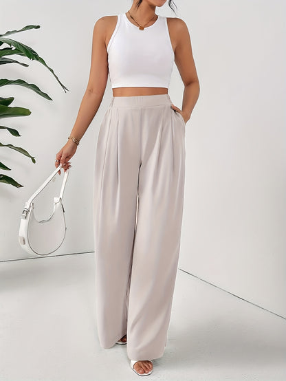 Women'S Elegant Wide Leg Pants - Beige Loose Fit with Elastic Waist, Comfortable Polyester Fabric for Spring/Summer Vacations, Casual Chic Style