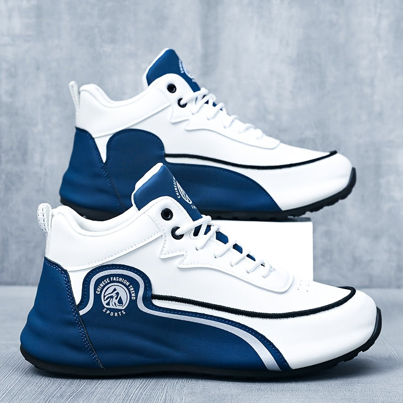 Men'S Lightweight Breathable Running Shoes - Classic Low-Top Design with Thick Cushioned Sole, White & Navy Blue Striped & Graphic Pattern, Lace-Up Closure for Hiking, Casual & Outdoor Wear - Spring/Fall Fashion Sneakers, Hik