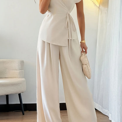 Stylish Women's Elegant Comfortable Solid Color Top and Loose Wide-Leg Pants Two-Piece Set, Suitable for Outings, Dates, Vacation