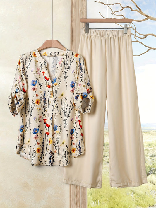 Women'S New Elegant Holiday Casual Floral Print Long Sleeve Shirt And Solid Color Elegant Casual Loose Pants Set.