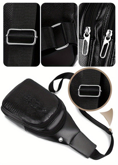 Men's Stylish Black PU Leather Sling Bag - Large Capacity Lightweight Crossbody Chest Pack with Embossed Design & External Earphone Hole for Casual Outings, Crossbody Bag
