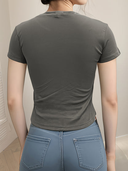 Women's Summer Slim Fit Short Sleeve T-Shirt - High Elasticity Breathable Fabric with Black Letter Embroidery, Versatile Casual & Office Wear, Elegant Collection, Cute Short Sleeve Tops, Everyday Comfort Tee, Slim Fit Tee, Sm