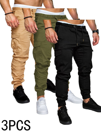 3-Pack Men'S Casual Cotton Cargo Pants, Solid Color, Non-Stretch, Regular Length, Drawstring Waist, Four Seasons, Standard Fit, Woven Fabric