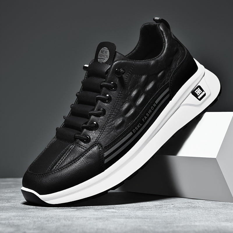 Men's Breathable Casual Sneakers - Comfortable, Versatile & Stylish Shoes for Running, Sports & Casual Attire, Black with White Accents, PU Upper & PVC Sole, Round Toe, Lace-Up Design, All-Season Use