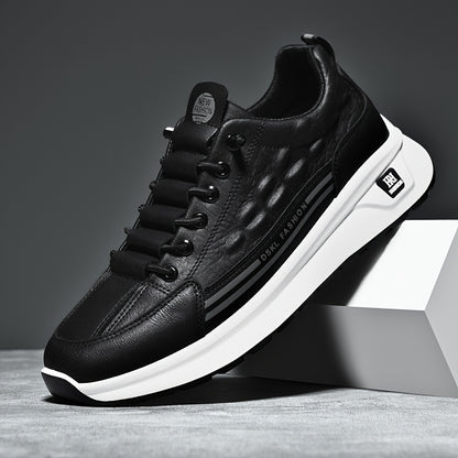 Men's Breathable Casual Sneakers - Comfortable, Versatile & Stylish Shoes for Running, Sports & Casual Attire, Black with White Accents, PU Upper & PVC Sole, Round Toe, Lace-Up Design, All-Season Use