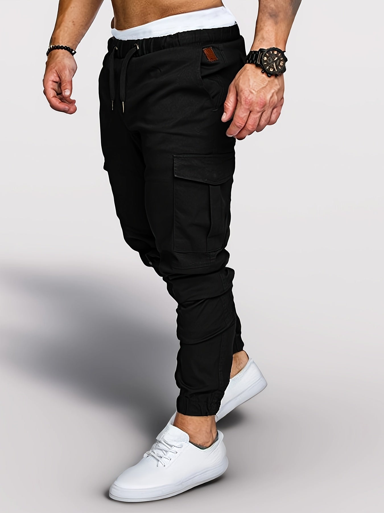Men'S Casual Cargo Pants, 95% Cotton 5% Spandex, Skinny Fit, Solid Color, Long Length, Woven Fabric, Non-Stretch, with Pockets, 215g/m² Weight