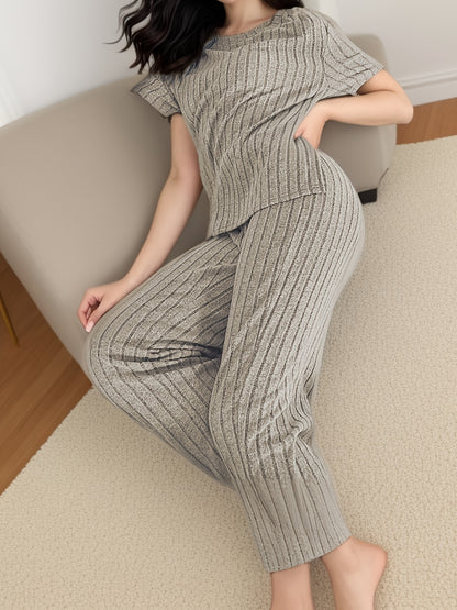 Women's Solid Ribbed Elegant Loose Fit Lounge Set, Short Sleeve Round Neck Top & Pants, Comfortable Relaxed Fit