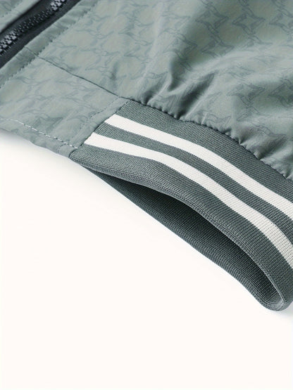 Men'S Lightweight Geometric Pattern Bomber Jacket - Casual Long Sleeve Zip-Up with Pockets, White & Gray, Polyester Lining, Perfect for Fall, Autumn Jacket
