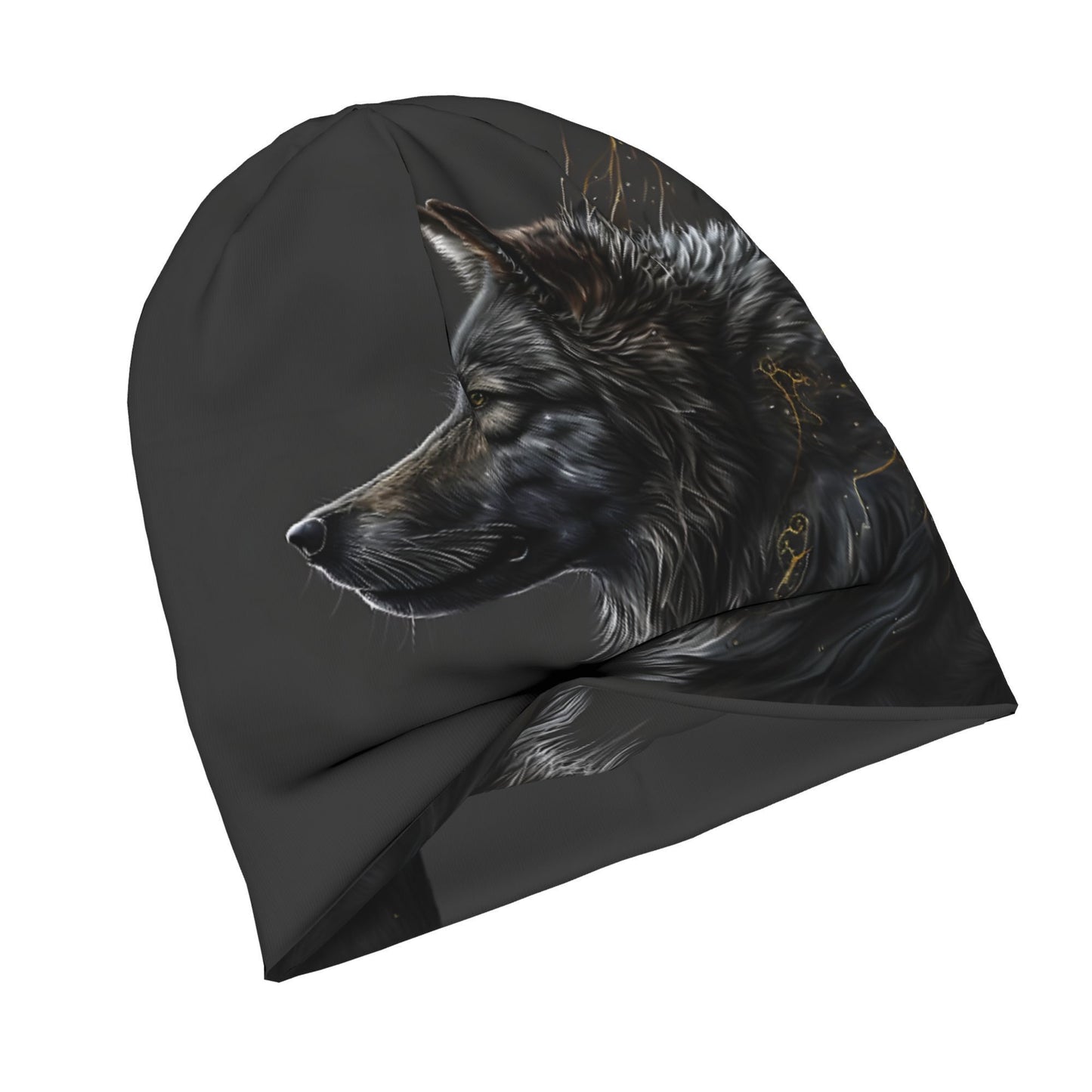 Night Moon Wolf Realistic Wolf Head Design Skull Cap Beanie Hat - Black Unisex Hip Hop Fashionable Winter Hat for Men & Women, Cold Weather Accessory, Stylish Headwear, Highquality Print
