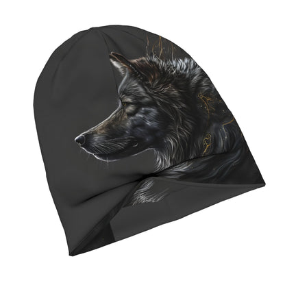 Night Moon Wolf Realistic Wolf Head Design Skull Cap Beanie Hat - Black Unisex Hip Hop Fashionable Winter Hat for Men & Women, Cold Weather Accessory, Stylish Headwear, Highquality Print