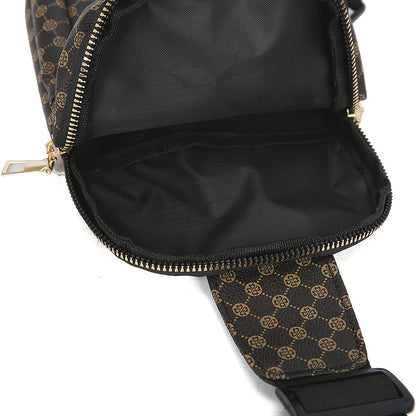 Men'S Classic Black PU Crossbody Bag with Geometric Pattern, Key Holder, Zipper Closure, Polyester Lining, Urban Style, Commuter Bag|Geometric Pattern Bag|Zippered Closure Bag