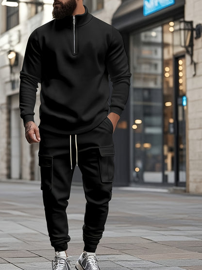 Versatile Ensemble, Men's Casual 2pcs Set: Heavyweight Zip-Up High Neck Sweatshirt & Pocketed Work Pants - Solid Color, Plush Fabric for Fall/Winter