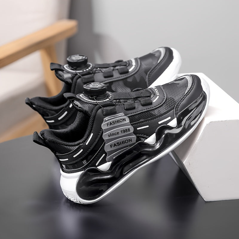 Boys' Striped Sneakers with Rotating Buckle - Casual Running Shoes for Youngsters, Breathable PU & Fabric Lining, Non-Slip EVA Sole