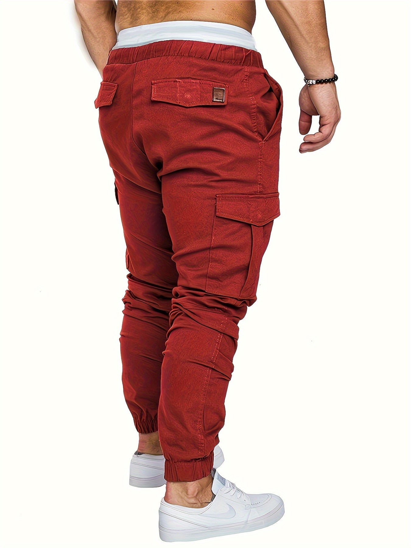 Men'S Casual Cargo Pants, 95% Cotton 5% Spandex, Skinny Fit, Solid Color, Long Length, Woven Fabric, Non-Stretch, with Pockets, 215g/m² Weight