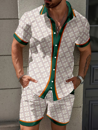 3D Digital Print Men's Fashion Casual Hawaiian Style Striped Shirt Two-Piece Set