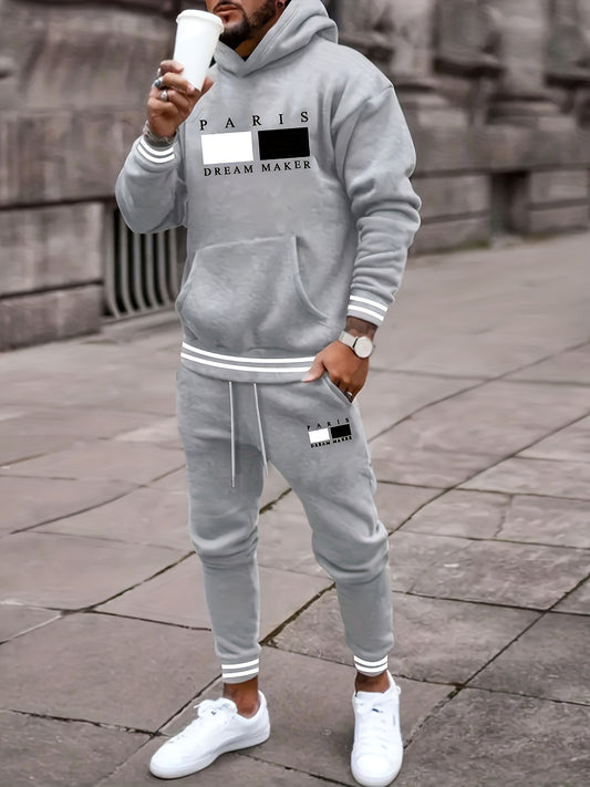 2025 New Men'S Paris Letter Print Hoodie And Drawstring Waist Pants Set, a Perfect Gift for Your Boyfriend.