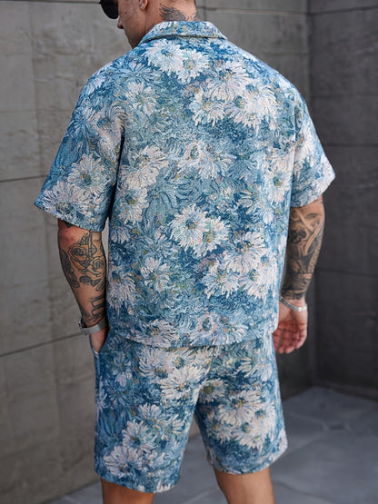 Men'S Summer Casual Short Sleeve Shirt & Shorts Set - Tropical Print, Loose Fit, Button-Up with Collar, Lightweight Polyester Fabric for Outdoor & Leisure Activities, Summer Casual Wear | Tropical Print Shirt | Lightweight Fa