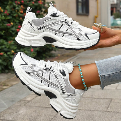 Women's Minimalist Black and White Thick-Sole Lace-Up Sneakers with Breathable Mesh Material, Comfortable for Daily Wear and Light Exercise