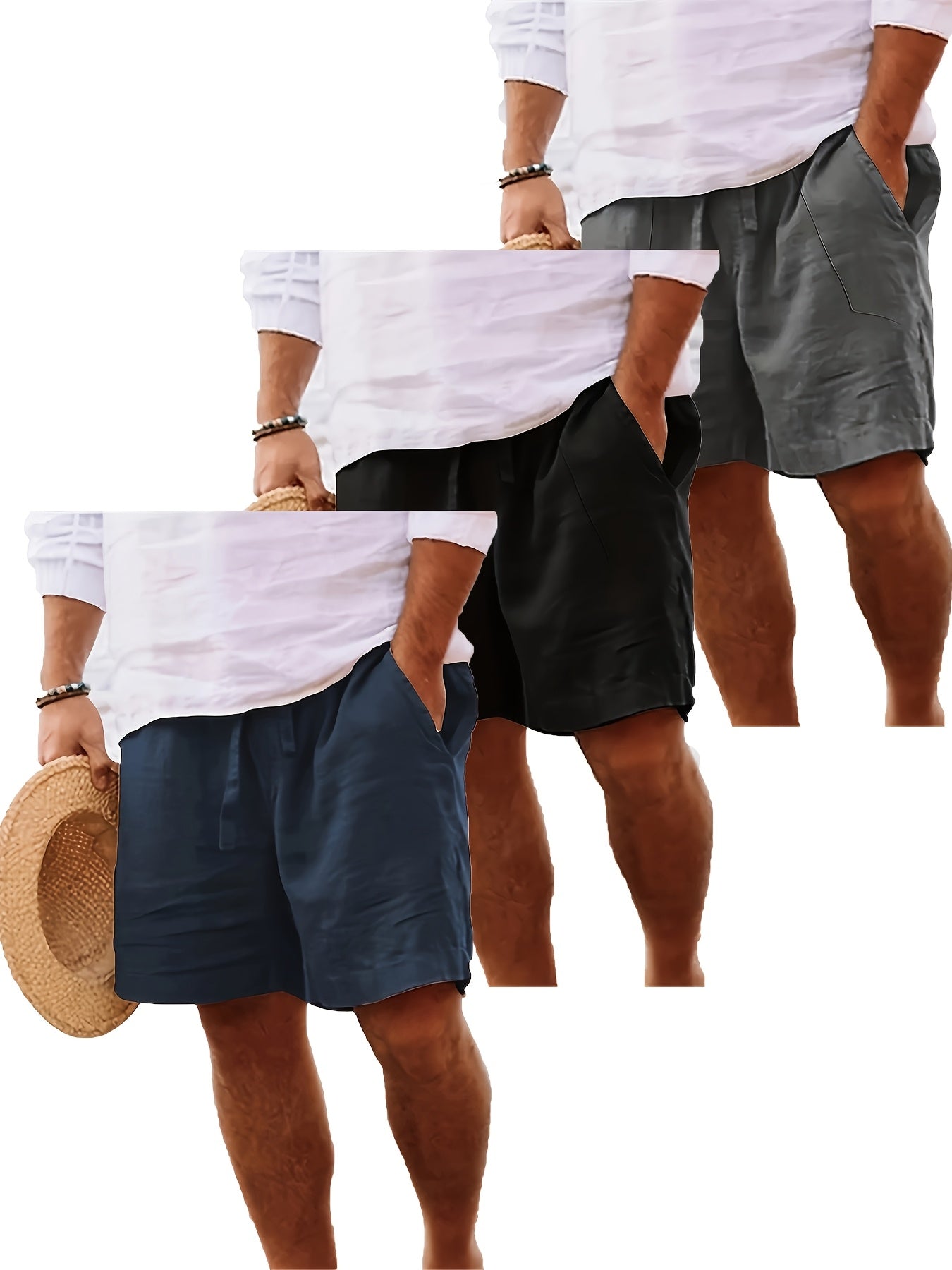 Men's Summer Cotton Drawstring Elastic Waist Straight-Leg Solid Color Breathable Casual Beach Shorts - 3pcs