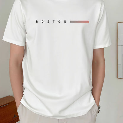 Men's Heavyweight 180gsm Cotton T-Shirt - Dark Gray Crew Neck Tee with Bold "Boston" Print, All-Season Everyday & Formal Shirt for Men - Machine Washable Luxury Casual Top, Versatile Clothing, Modern Design, Premium Fabric, S