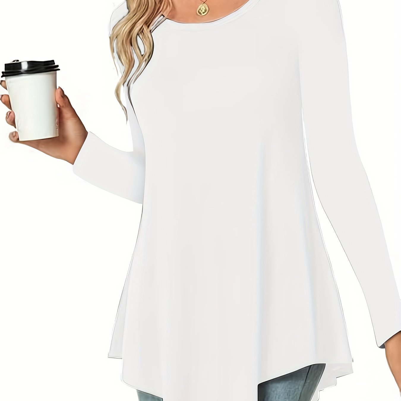 Women's Casual Long Sleeve Tunic Top, Polyester 95% Spandex 5% Knit Fabric, Solid Color Crew Neck Blouse for Spring/Summer/Fall, Spring Summer Blouse|Tunic Style|Solid Color Top