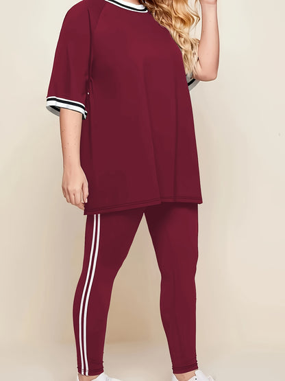 Women'S Plus Size Casual Lounge Set - Gray & White Striped Oversized T-Shirt with Matching Joggers, Comfortable All-Season Home Outfit, Joggers for Women