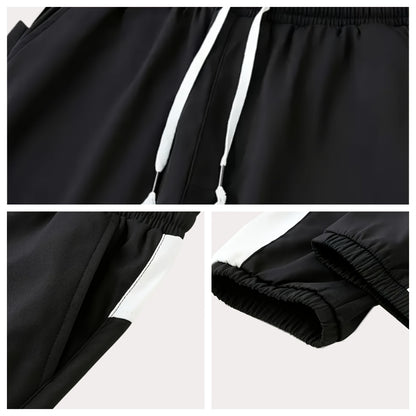 Unisex Sportswear Set for Spring And Autumn, Featuring a Zip-Up Jacket with a Stand Collar And Striped Long Pants in Black And White, a Stylish Outfit That Makes a Great Gift, Sweat-Resistant, Hand Wash Only, Workout Accessor