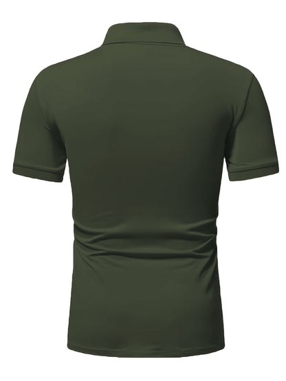 Casual Stretch Men's Solid Color Zipper Lapel Golf Shirt, Male Summer Streetwear