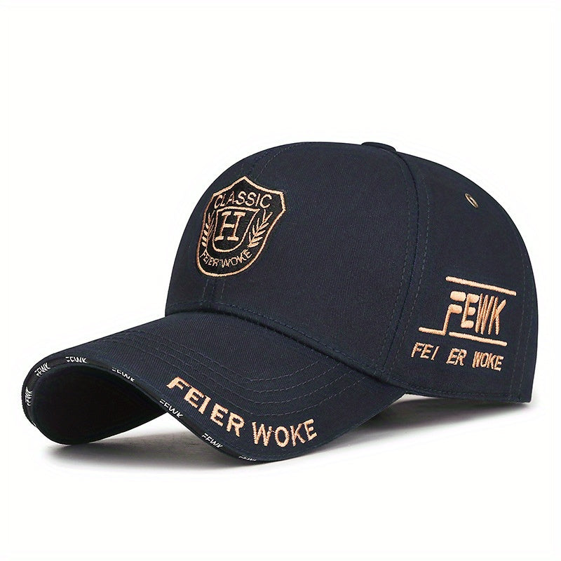 FEWK Unisex Baseball Cap | Breathable Polyester | Adjustable Fit | Embroidered Logo & Golden Badge | Stylish Streetwear for Spring/Autumn, Outdoor Headwear | Golden Badge Design | Durable Cap