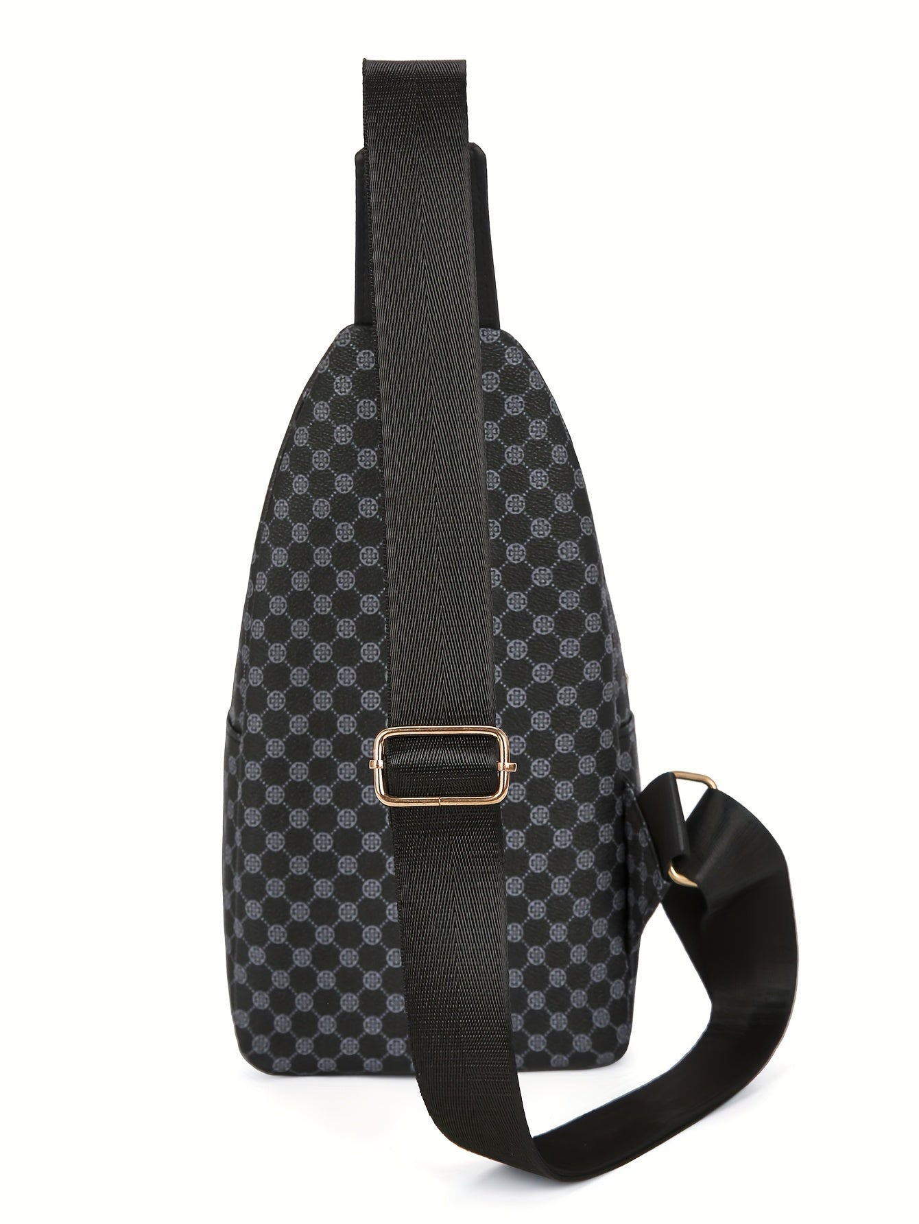 Men's Stylish Geometric Print Sling Bag - Black & White Crossbody Chest Pack with Golden-Tone Zippers, Compact Travel & Everyday Commute Backpack, Modern Accessory | Textured Finish, Crossbody Bag