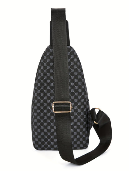 Men's Stylish Geometric Print Sling Bag - Black & White Crossbody Chest Pack with Golden-Tone Zippers, Compact Travel & Everyday Commute Backpack, Modern Accessory | Textured Finish, Crossbody Bag