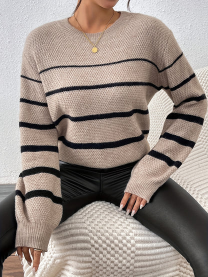 Elegant Crew Neck Stripes Color Block Knit Fabric Short Sleeve Round Neck Sweater, New Arrival, for Women, Spring/Fall