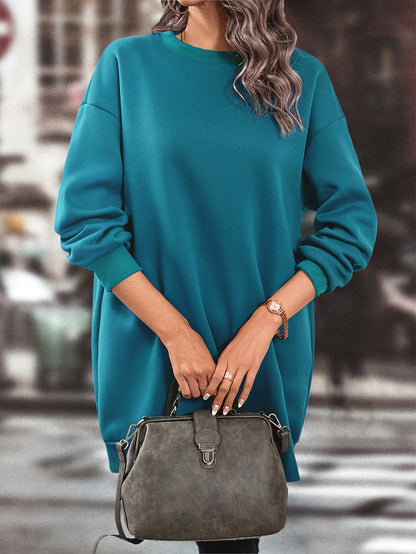 Elegant Women'S Fleece-Lined Sweatshirt Dress - Polyester Knit Fabric, Solid Color, Crew Neck, All-Season Loose Long Sleeve Casual Wear