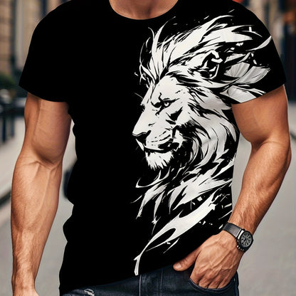 New Lion 3D Print Pattern, Casual Short Sleeve Round Neck T-Shirt, Outdoor Men's Clothing