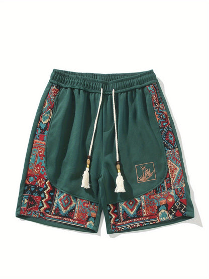 2pcs Men's Summer Casual Outdoor Set, Fashion Ethnic Style Round Neck Short Sleeve T-Shirt and Shorts Suit with Embroidery Design Loose Fit, Short Sleeve + Drawstring Shorts Combo, Suitable for Summer Outdoor Activities