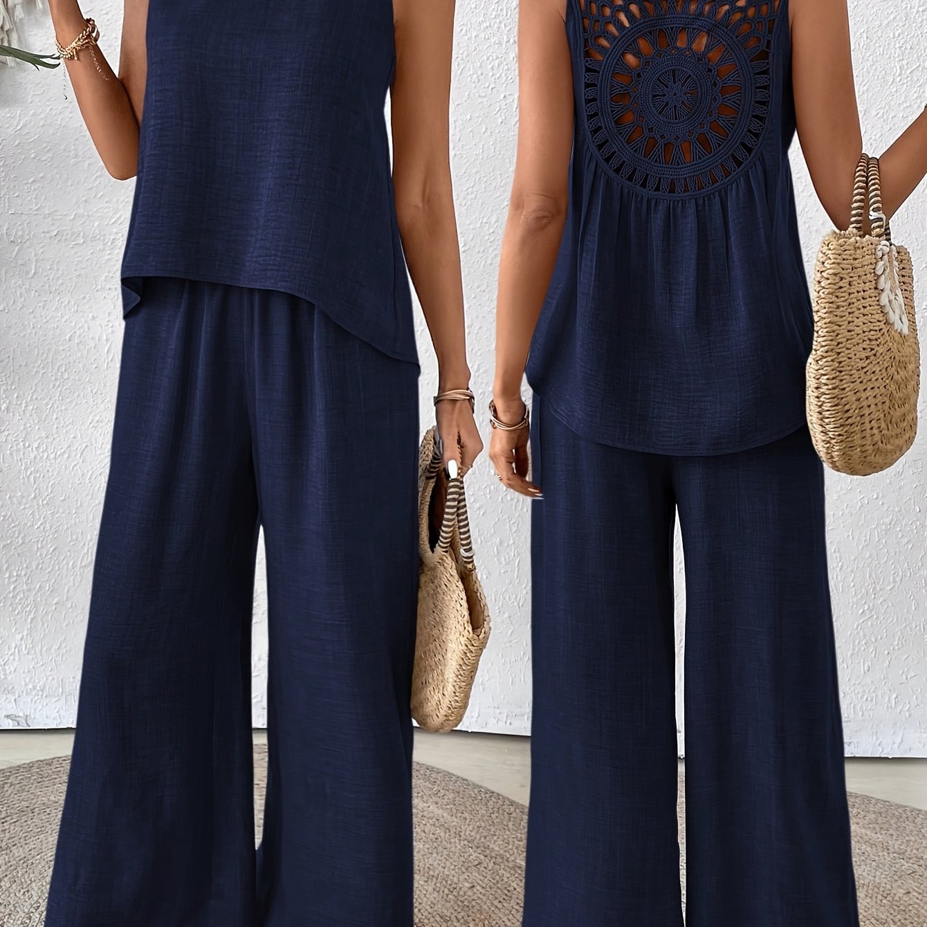 Women'S Summer Backless Cut-Out Panel Tank Top + Wide Leg Pants Set - Casual, Simple, Sleeveless, Polyester, Light Beige, Perfect for Spring/Summer, Casual Attire|Backless Top|Polyester Fabri