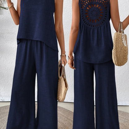 Women'S Summer Backless Cut-Out Panel Tank Top + Wide Leg Pants Set - Casual, Simple, Sleeveless, Polyester, Light Beige, Perfect for Spring/Summer, Casual Attire|Backless Top|Polyester Fabri