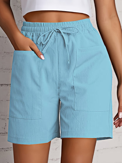 Women's Beige Cargo Shorts - Casual & Stylish, Solid Color with Drawstring Waist and Pockets, Polyester Blend, Machine Washable, All-Season Comfort