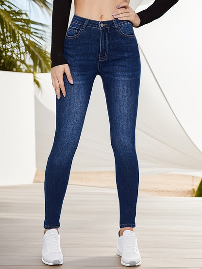 Women's Casual Plain Light Blue Skinny Jeans, Stretchy Denim Pants, Classic Design, High Waist Slim Fit For Everyday Fashion - Perfect For Fall & Winter