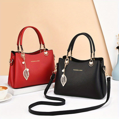 Elegant Wo 's Handbag with Detachable Shoulder Strap, Golden-Tone Hardware & Chic Leaf Charm - Stylish White Satchel for Everyday Use, Casual Chic Bag | Stylish Charm Handbag | Bag