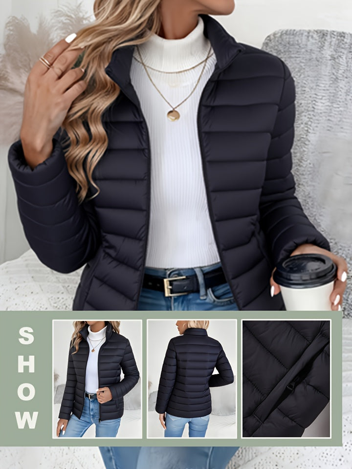 Women's Lightweight Winter Coat - Elegant Stand Collar Long Jacket, Machine Washable Cold Weather Outerwear for Fall/Winter, Formal & Everyday Use - Elegant Women's Outerwear, Casual Cold Wear, High Collar Design, Zipper Clos
